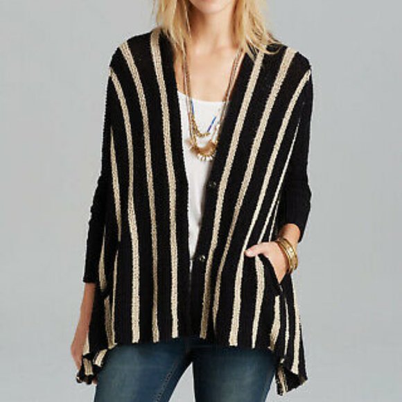 Free People Black and Cream Stripe Oversized Chunky Knit Chevron Cardigan - Picture 1 of 10